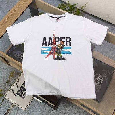 上新 款号：A570 高版本 2025新款Aape猿人艾菲尔铁塔图案Logo字母印花休闲情侣圆领短袖T恤，余文乐同款，面料采用32支双纱精梳纯棉，爽滑手感，纯棉