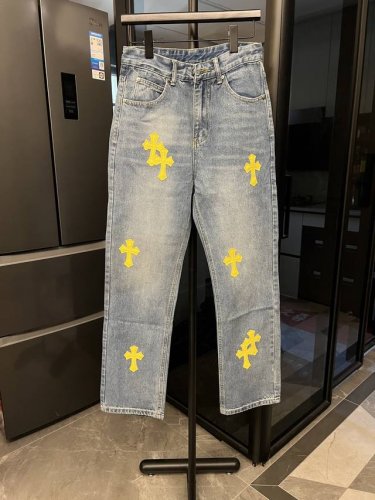 高端 Chrome Heart 克罗心 25Fw 十字架蓝拼黄贴布拼皮牛仔裤 蓝 顶级重工洗水工艺 小牛皮激光切割十字架 做旧银饰五金 直筒版型上身显瘦 高端定
