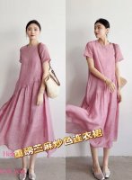 连衣裙 重磅苎麻炒色连衣裙！高品质！韩系松弛慵懒宽松粉色连衣裙2025夏季新款长裙子Smlxl