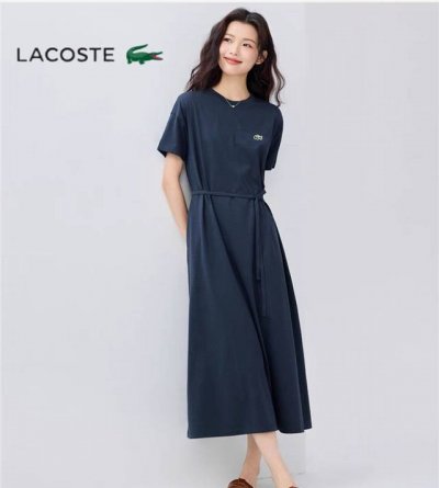 高品质 lacoste 法国鳄鱼 轻都市简约高腰系带舒适棉麻高端设计短袖连衣裙 棉80%麻20% 时尚简约大气修身百搭纯色棉麻连衣裙 或许你说你很爱美美的裙子