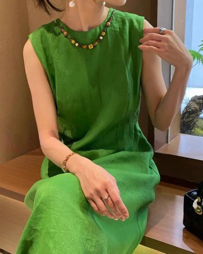 翻单出货！十拿十补！亚麻高级超时尚洋气圆领无袖钉珠背心裙！遮肉神器！极简慵懒风！图色四码Smlxl