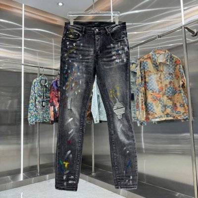 Amiri 破洞涂鸦工艺街头潮流修身小脚弹力牛仔裤 颜色 黑色 码数 30 32 34 36 38
