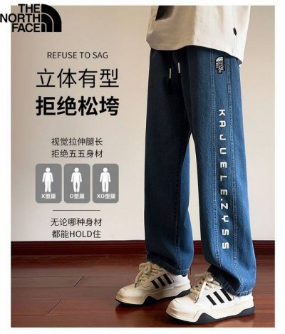 北面The North Face秋季新款，男女同款港风水洗牛仔蓝宽松字母印花休闲牛仔裤，男士直筒裤，立体有型休闲裤长裤子！ 颜色:黑色，蓝色 尺码:M-4Xl