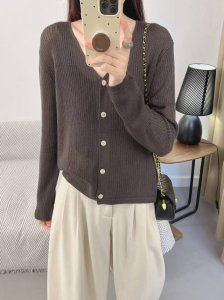 欧洲站新款V领长袖33羊毛针织开衫 春夏纯色慵懒风单排扣薄外套，可配