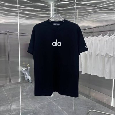 Alo 2025春夏新款 圆领短袖T恤 立体刻字模 男女同款宽松版 S M L Xl Xxl 五个码 黑色 白色 棕色 紫色