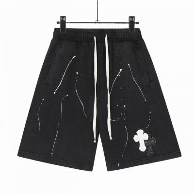 高版本Chrome Hearts 克罗心 水洗做旧泼漆十字皮标短裤，男女同款。采用100%纯棉毛圈面料 棉质细腻柔软轻薄透气。小羊皮制成的十字架贴饰 质感油亮光
