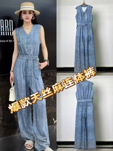 连体裤 重磅天丝麻连体裤！高品质！原版，1：1定制！2025春夏新款气质时尚V领无袖收腰显瘦天丝亚麻连体裤Smlxl