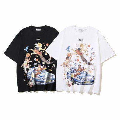 1139# Off-White纯棉260G重磅天使汽车壁画印花短袖T恤 黑色 白色 S M L Xl