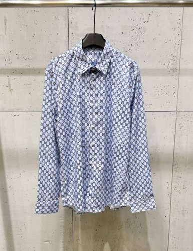 Cheny Guc古琦 25春夏新款 高克重莫代尔棉 数码直喷满印双G字母图案印花 高品质长袖衬衫 天蓝色 码数：M-3Xl