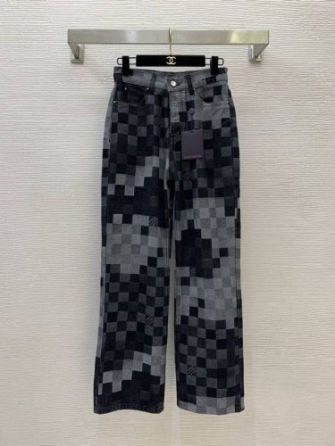 款号D25051373 Louis*驴家Lv新款 高端定制撞色棋盘格印花时尚个性阔腿牛仔裤直筒长裤女！ M码：腰围70，臀围94，裤长103