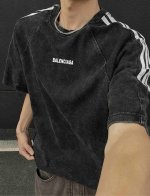 新款扎染巴黎世家Balenciaga三条杠插肩刺绣字母螺纹针织情侣同款宽松落肩短袖T恤 面料: 300G重磅纯棉新疆长绒棉 采用特定重磅32S精棉平纹针织面料，