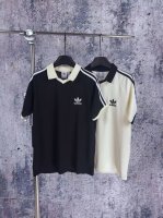2017 实拍图 Adidas阿迪达斯三叶草字母Logo刺绣经典三杠织带拼接 华夫格V领Polo短袖 Polo罗纹V领领口 万针刺绣Logo 手袖罗纹包边不嘞