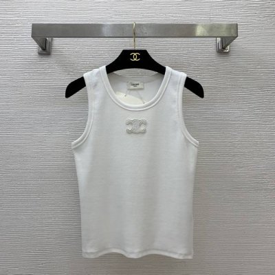 款号D25040764 Celin*思琳新款 胸前凯旋门Logo立体标志装饰修身显瘦螺纹棉弹力背心P！白色、 M码：胸围76，衣长53