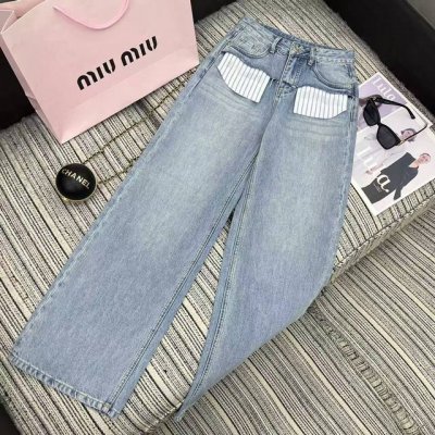 强烈推荐 25年早春夏系列 设计款 Miu*新款烫钻字母条纹口袋牛仔直筒裤 洗水颜色好看 Sml
