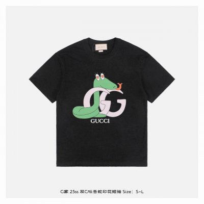 gucci 古驰 25Ss 双G吐舌蛇印花短袖 面料采用230克重精梳棉 定制32支1*1螺纹 成衣两遍水洗处理 面料舒适亲肤无异感 定制定染面料 纺织密度高