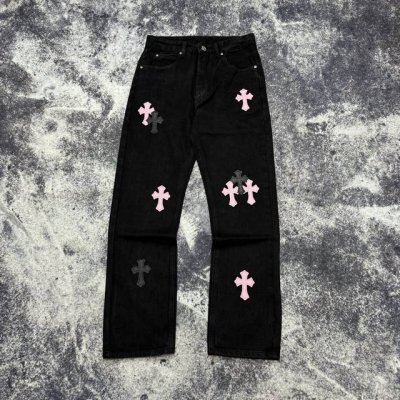 款号：H722 Chrome Hearts & 克罗心 Ch城市限定系列 梵文十字贴布拼皮牛仔裤 黑白配色 成都“Chengdu”迎合成都大熊猫的故乡牛仔裤 均
