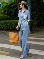 套装 重磅上新 高品质 百分百色织亚麻 时尚套装高级感蕾丝拼接衬衣长裤通勤两件套Smlxl