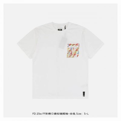 fendi 芬迪 25Ss Ff彩绣口袋拉链短袖-白色 定制50支双股丝光180G全棉面料，前胸口定位，车工口袋形狀，口袋19个F撞色线刺绣，后幅刺绣“Ff”图