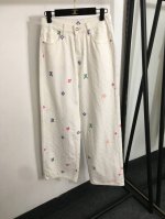 款号20252263 Lv*新款 彩色Logo刺绣提花高腰阔腿牛仔长裤，白色，S-Xl， M码；腰围70，长106