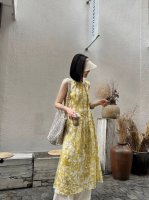 100%苎麻印花连衣裙！无袖系带收腰设计+宽松裙摆 夏日清凉感拉满 高级温柔又显白 Smlxl