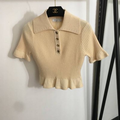 款号20252394 法国小众品牌Sandr*新款 荷叶边翻领短袖短款针织衫，杏色，Sml， S码；胸围70，袖长21，衣长45