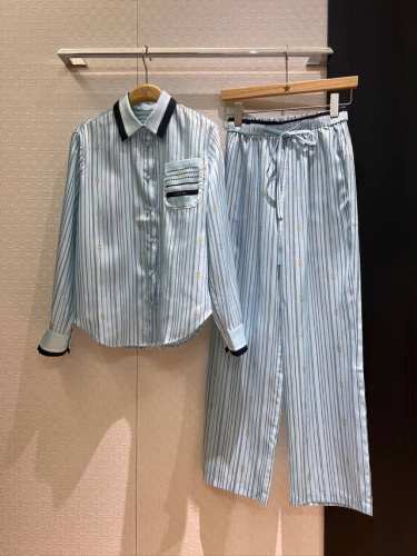上衣 裤子 新款0001Fa75马衔扣条纹拼色印花翻领衬衣同款松紧腰阔腿裤 休闲百搭 清爽蓝色Sml
