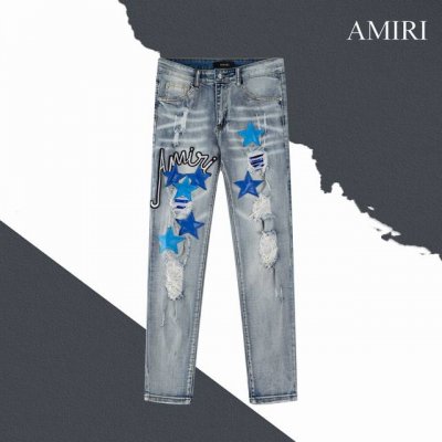 款号Sl63 Amiri 星星贴布亮片刺绣字母破洞紧身牛仔裤顶级版本 男女同款 三标齐全 区别市场通货 随意对比 水洗裤身对花位剪裁缝纫 采用具有光泽感的丝光绣