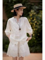 套装 重工天丝刺绣套装女夏2025新款法式小众圆领上衣阔腿短裤两件套女 面料 天丝棉 Smlxl S码胸围118肩宽51衣长65腰围62裤长43 每个码胸围平铺