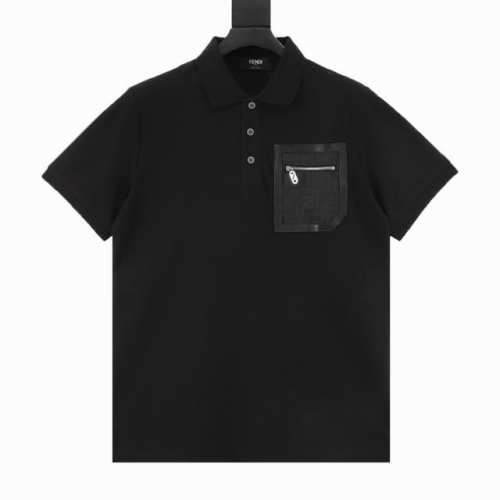 Fendi 芬迪 皮革饰边口袋拉链短袖 Polo衫 爆款来袭，区别市面通货，顶级版本，官网同步一比一复刻。口袋饰边采用真皮，滑板风 T 恤Polo衫，胸前拉链口