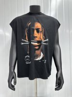 Vt001 Travis Scott斯科特Big Face人像浮夸搞怪印花复古水洗做旧无袖坎肩T恤 小领口设计 白墨数码直喷印花 手工磨破工艺 高街复古重磅做旧