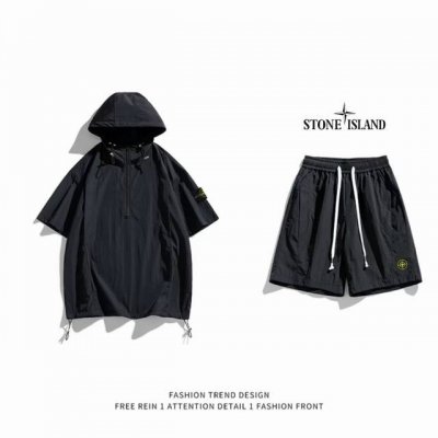 Stone Island石头岛 美式户外潮牌宽松拉链立体大口袋机能套装 短袖+五分短裤 高街达人超级爆款 海内外人气爆款∽ 采用国标舒适健康面料 大厂流水作业