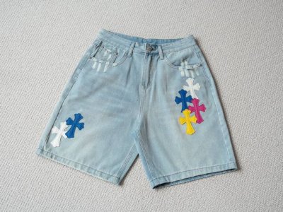 Chrome Hearts 24S S 皮标十字架破洞牛仔短裤五分裤 货号 : 2051 - 颜色 牛仔蓝 - 尺码 S M L Xl 尺寸推荐 178Cm 1