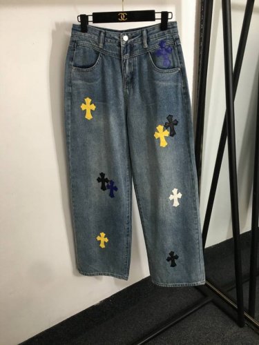 款号20252268 克罗心*新款 拼皮十字架高腰显瘦牛仔长裤，蓝色，S-Xl， M码；腰围72，长106