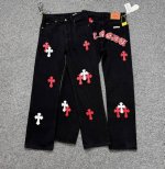 款号：H004 Chrome Hearts & 克罗心 Ch城市限定系列 梵文十字贴布拼皮牛仔裤 黑白配色 成都“Chengdu”迎合成都大熊猫的故乡牛仔裤 均