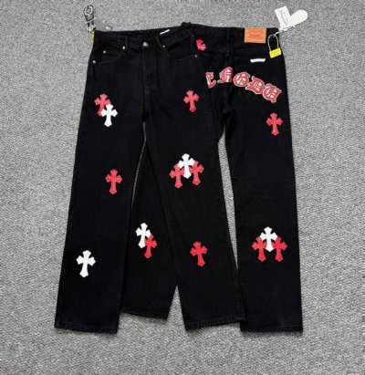 款号：H004 Chrome Hearts & 克罗心 Ch城市限定系列 梵文十字贴布拼皮牛仔裤 黑白配色 成都“Chengdu”迎合成都大熊猫的故乡牛仔裤 均