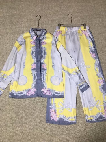Versace 范思哲 灰黄色蝴蝶结巴洛克印花长袖翻领衬衫印花休闲阔腿长裤 套装两件套 Smlxl