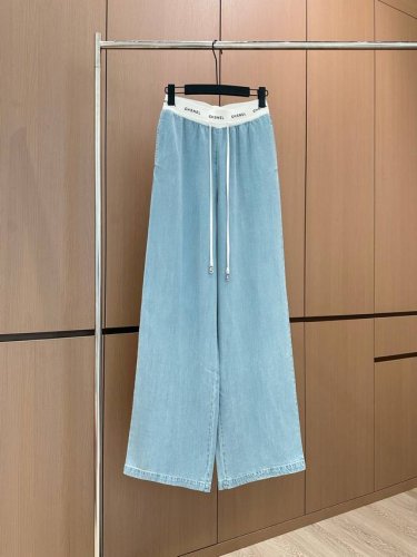 25夏季新款原创定制设计天丝棉垂感撞色字母拼接高腰抽绳重工烫钻松紧腰阔腿裤长裤天丝牛仔裤 浅蓝色Sml。