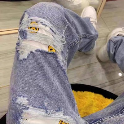 Drew House 比伯同款蓝色笑脸水洗破洞直筒牛仔裤 DREW HOUSE JUSTIN DREW迷你笑脸破洞牛仔裤 高街欧阳娜娜同款牛仔长裤男女 面料采用