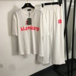 款号20251602 Balenciag*新款运动套装，胸前Logo胶印休闲短袖T恤+松紧腰休闲长裤，白色，S-Xl， M码；肩宽50，胸围114，袖长24，衣