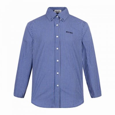 独家供应 Miumiu 徽标细格纹长袖衬衫 蓝色 原版10,200购入开发，定制100支条纹面料，进口裁剪设备，利用红外线光线在面料表面进行对格裁剪。工艺精准度