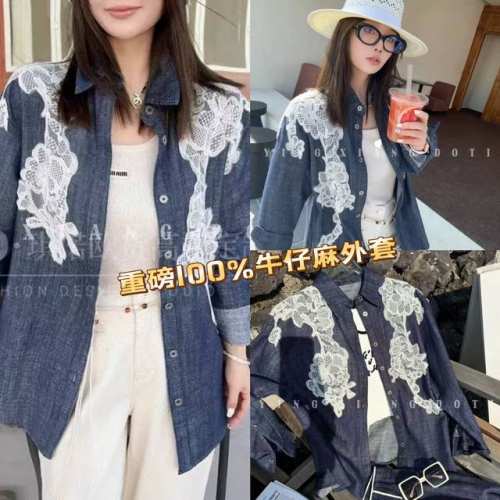 P330 外套 重磅100%牛仔麻外套！高品质！元单！让你在人群中脱颖而出！衬衫女2025新款欧洲站设计感蕾丝拼接宽松百搭上衣Smlxl