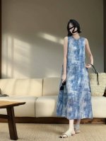 重磅 100%水墨画连衣裙！欧洲站夏季女装新款苎麻渲染无袖圆领宽松时尚背心连衣裙Smlxl