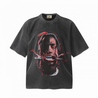 Vt950 Travis Scott斯科特Big Face人像限定浮夸搞怪印花复古水洗做旧短袖T恤 小领口设计 白墨数码直喷印花 高街复古重磅做旧水洗Vinta