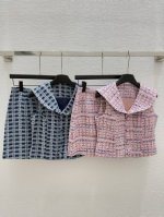 Ch家 早春新款 海军领小方格针织套装 颜色：粉色 蓝色 尺码：36.38.40