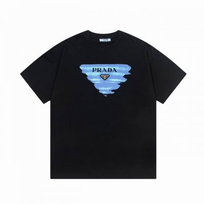 prada 普拉达 2025新款 轻奢主义 泼墨印花 定制三角皮章Logo 男女同款 短袖T恤 定制260克100％双纱纯棉面料 定染32支双股螺纹 领标吊牌主