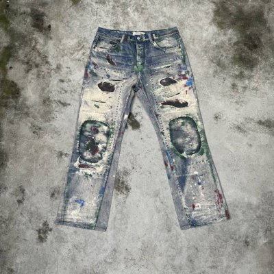 顶级版本-款号T05 Dnd4Des 原创设计数码印花Boro重工破坏珠宝链条宽松直筒牛仔长裤 码数：S-Xl