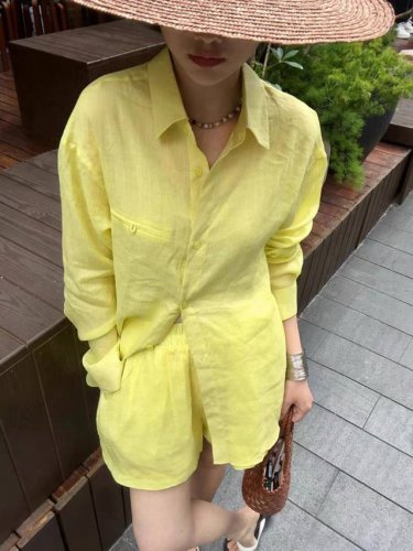 套装 重磅主推大爆款！酵洗100%纯天然亚麻套装！法式宽松百搭休闲慵懒风！超的一款！图色四码Snlxl 面料：亚麻 M码胸围110肩宽51袖长46衣长68腰围6