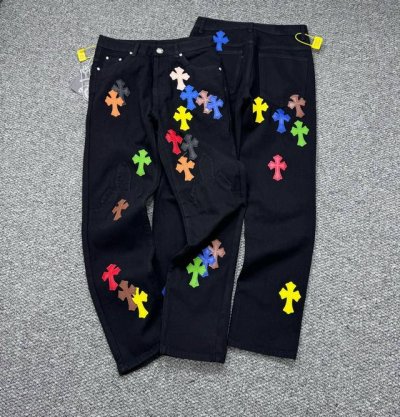 款号：H800 Chrome Hearts & 克罗心 高端克罗心火焰彩皮十字拼皮牛仔裤 原版五金辅料水洗等吊卡，二维码解析均为采购原厂，还原度高，欢迎随便对比