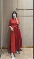 连衣裙 2025夏季新款五一出游出片穿搭独特漂亮掐腰红色棉麻衬衫连衣裙女 面料：棉麻 Smlxl M码胸围114肩宽40腰围116裙长130 每个码胸围平铺腰围