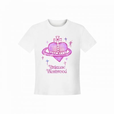 Vivienne West Wood 西天后薇薇安 2025夏季设计款涂鸦粉色爱心土星印花正肩短袖T恤 女款 全网独家纯棉高品质 独家模特图已保护可上平台 款号